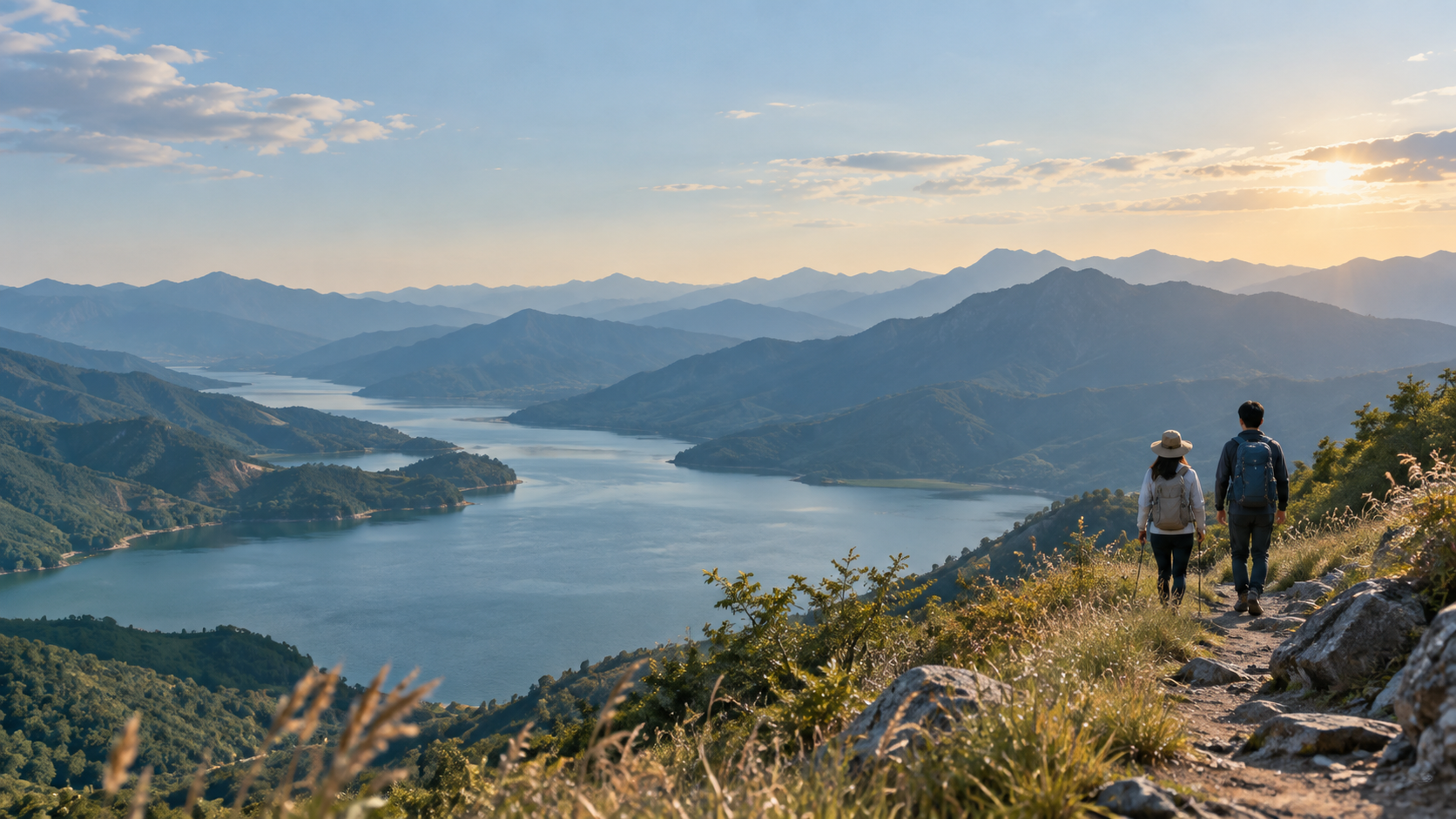 山野与旅人构成的旅行氛围视觉示意